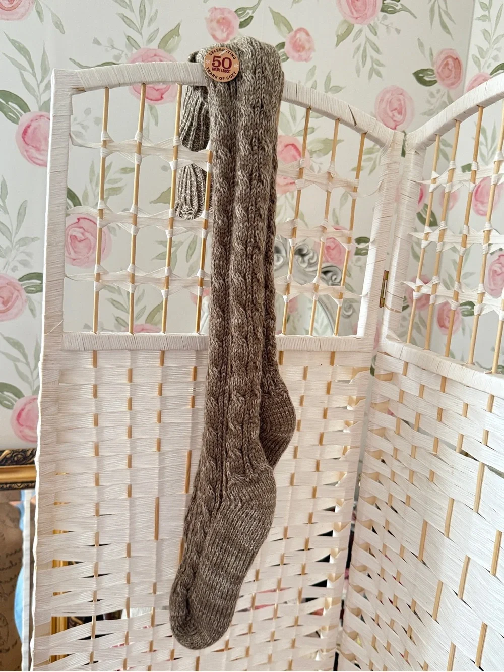 Cable-Knit Over-the-Knee Socks in Taupe - NEW W/Tags